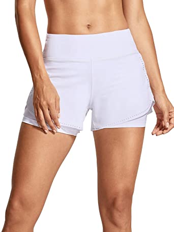 CRZ YOGA Women's Running Workout Shorts with Liner 2 in 1 Athletic Sport Shorts with Zip Pocket-4 inch