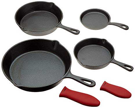 Cast Iron Skillets, Set of 4 (Pre-Seasoned) 10 Inch - 5.1 Inch, Including Large & Small Silicone Hot Handle Holders