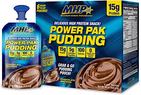 MHP Power Pak Chocolate Pudding Pouches 6 Pack, 15g Protein, 5g Collagen, Sugar Free, 100 Calorie, Low Carb, Protein Pudding Snack, Keto Friendly, Lactose Free, Soy Free, Gluten Free, Rich & Creamy