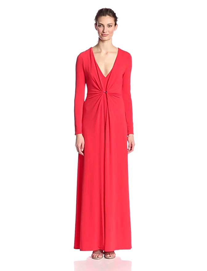 Halston Heritage Women's Long-Sleeve Deep V-Neck Gown with Overlay Detail