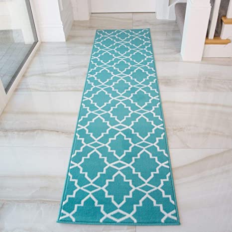 Geometric Trellis Runner Rug Blue Grey Mustard Triangle Rugs Hallway Bedroom Living Room Kitchen