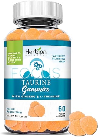 Herbion Naturals Taurine Gummies with Ginseng, L-Theanine, Vitamin C, B3, B6, & B12, helps Support Mental Clarity & Concentration*, Natural Peach Flavor, Gluten-Free, 60 Pectin Gummies, Made in USA.