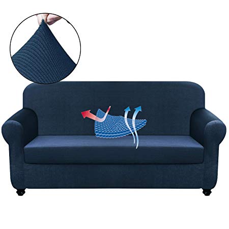 Chelzen Stretch Loveseat Covers Living Room 2-Piece Couch Covers Striped Furniture Protectors Spandex Fabric Dog Sofa Slipcovers (Loveseat, Navy Blue)