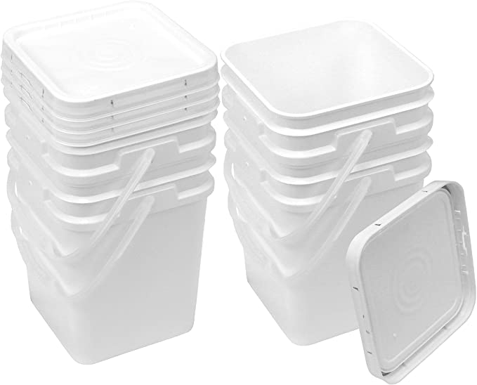 Square Bucket Kit, Four 4-Gallon Buckets and Four White Snap-on Lids with Gaskets