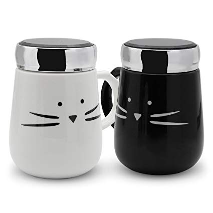Koolkatkoo Ceramic Cat Coffee Mugs with Mirror Lid Set for Women Girls Cute Tea Cup Coffee Mug 16 oz Black and White