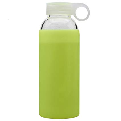 Bonison Durable Glass Water Bottle with Soft Colorful Silicone Sleeve Handle Lid