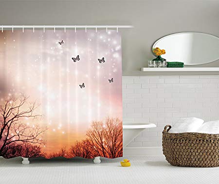 Ambesonne Butterfly Shower Curtain Fantasy Decor by, Dreamy Butterflies and Over Trees Romantic Sky Artistic Design, Polyester Fabric Bathroom Shower Curtain Set with Hooks, Orange and Black