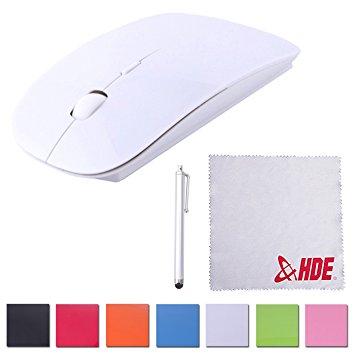 HDE Sleek Flat 2.4 GHz Wireless Slim Ergonomic Optical Mouse with DPI Switch and Stylus (White)