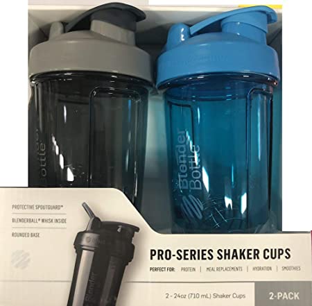 BlenderBottle Pro Series Shaker Bottle BlenderBall Rounded Base with SpoutGuard, 24 Ounce, 2-Pack (Grey - Blue)