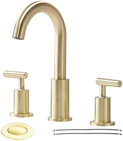 Comllen 2 Handle 3 Hole Brushed Gold 8 Inch Lavatory Widespread Bathroom Faucet, Best Commercial Bathroom Sink Faucet With Pop Up Drain