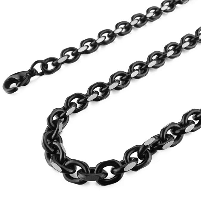 INBLUE Men's 3~5.9mm Wide Stainless Steel Necklace Cable O Chain Link Black Silver Tone 14~40 Inch