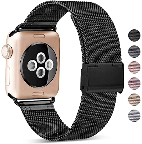 FYee Compatible with Apple Watch Band Men Women 38mm 40mm 42mm 44mm,Stainless Steel mesh Metal Ring, Adjustable Magnetic Closure Compatible with Iwatch Series 5 4 3 2 1 (38/40mm,Black)
