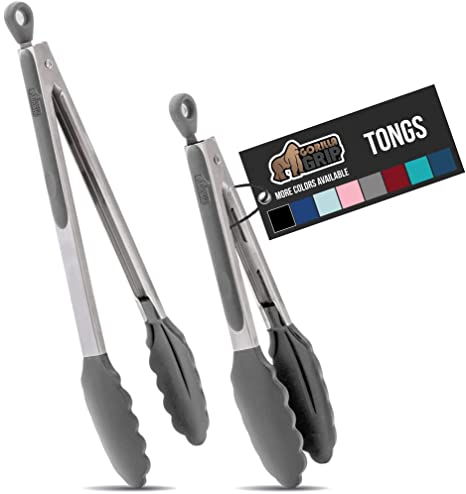 Gorilla Grip Stainless Steel Silicone Tongs for Cooking, Set of 2, Includes 7 and 9 Inch Locking Kitchen Tong, Heat Resistant Tip, Strong Grip for Meat, Perfect for Nonstick Pans and BBQ, Gray