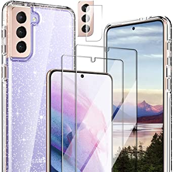 Hocase for Galaxy S21 Case, (with 2 Screen Protectors   1 Camera Protector) Shockproof Soft TPU Hard Plastic Full Body Protective Case for Samsung Galaxy S21 (6.2" Display) 2021 - Clear/Glitter