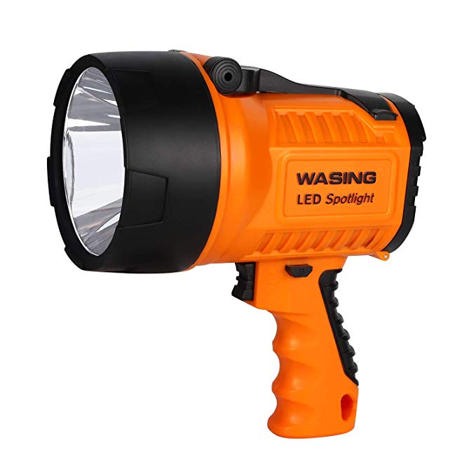 WASING 10 Watt 1000 Lumens LED Rechargeable Spotlight with Cord & USB Charging, Super Bright Portable Outdoor Searchlight with Handle, Emergency Work Light, Hand Held High Power LED Flashlight