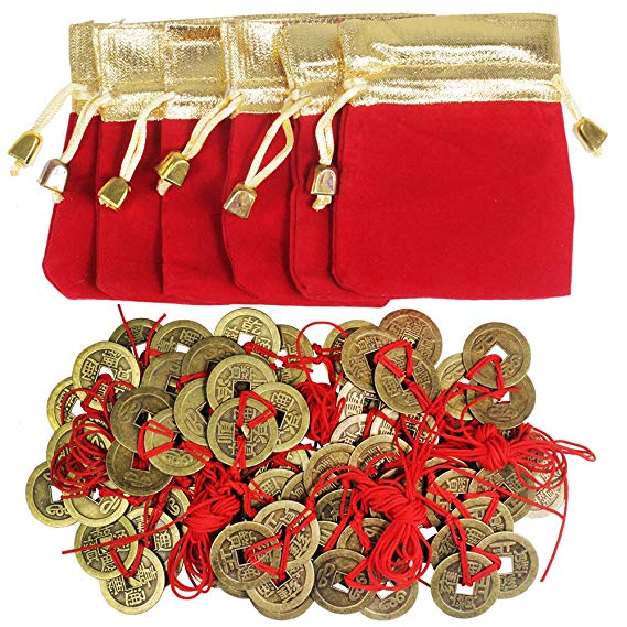 Supla 30 Pcs Chinese 3 Brass Coins Knotted with Red Ribbon and 6 Pcs Red Gold Lucky Bags Feng Shui Coins Lucky Coins Fortune Coins for Wealth Health Success Chinese New Year Decoration