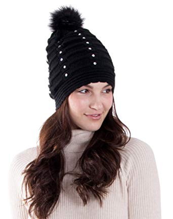 Women Winter Diamond Knit Faux Fur Pompom Beanie Hat