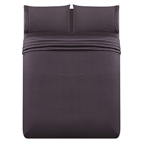 Luxe Manor 4pc King Size Bed Sheet Set - Soft Brushed Microfiber Fitted Flat Sheet & Embroidered Pillow Case Set - Deep Pocket Wrinkle Free Hypoallergenic Bedding, Best Christmas Gifts, Purple