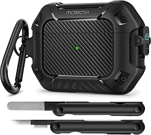 MOBOSI for AirPods Pro 2nd/1st Generation Case, Secure Lock Clip Carbon Fiber Case Cover with Keychain, Full Body Shockproof Hard Shell Protective Cover for AirPods Pro Case (2023/2022/2019), Black