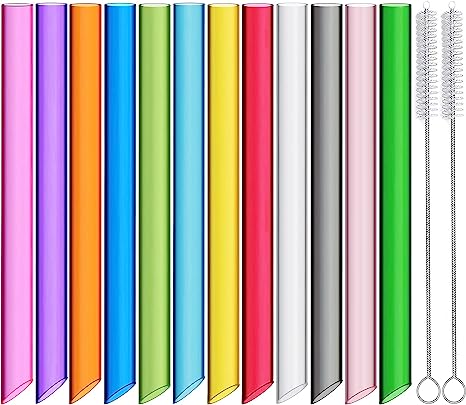 ALINK 12-Pack Reusable Plastic Boba Straws, 13 mm x 10.5 inch Long Wide Clear Smoothie Straws for Bubble Tea, Tapioca Pearls, Milkshakes with 2 Cleaning Brush - Pointed Design