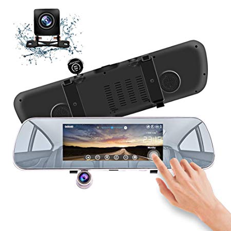 CHICOM 7 inch Mirror Dash Cam Touch Screen ; 350 Degrees rotatable 1080P 170° Full HD Front Camera;720P 140°Wide Angle Full HD Rear View Camera，Parking Time Lapse Recording ;Parking Monitor