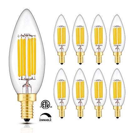 CRLight 6W Dimmable LED Candelabra Bulb 65W Equivalent 650LM, 3000K Soft White E12 Base LED Filament Light Bulbs, B10 Candle Clear Glass Decorative Chandelier Bulbs, Smooth Dimming Version, 8 Pack