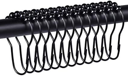 KRENDR 12 Pieces Shower Curtain Hooks, 100% Stainless Steel Shower Curtain Rings, Black Decorative Bath Curtain Hook for Bathroom Shower Rod