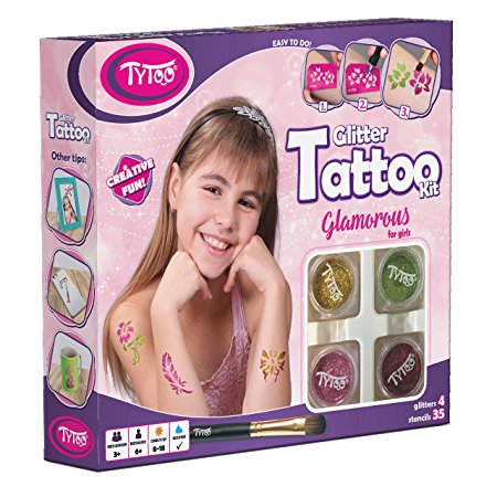 TyToo Glamorous Glitter Tattoos Kit for Girls with 35 amazing stencils - HYPOALLERGENIC AND CRUELTY FREE - 8-18 lasting temporary tattoos