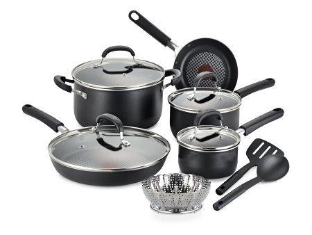 T-fal C085SC74 OptiCook Thermo-Spot Titanium Nonstick Dishwasher Safe Oven Safe Fry Pan Cookware Set, 12-Piece, Black