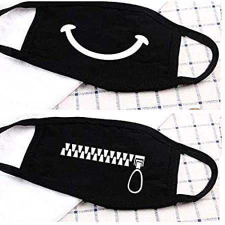 A Set of 2pcs Smile Zipper Picture Cotton Fac e Mo uth Mas ks Anti Dust Keep Warm (Black)
