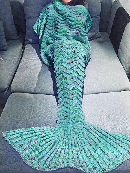 BG Cute Variegated Green Mermaid Tail Crochet Blanket All Seasons Soft Warm Sleeping Bags