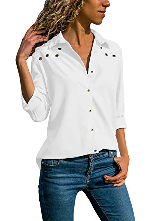 Ecrocoo Women V Neck Cuffed Long Sleeves Button Down Casual Chiffon T Shirt Blouse Soild Tops