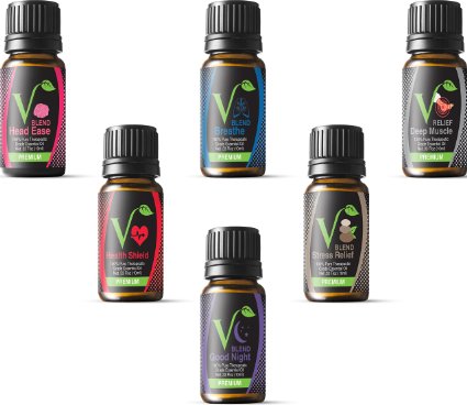 Vyver Essential Oil Blends for Aromatherapy - Best 6 blend set 100% Pure Therapeutic Grade Gift Set- Stress Relief, Head Ease,Health Shield, Breathe, Deep Muscle, Good Night. 6/10ml