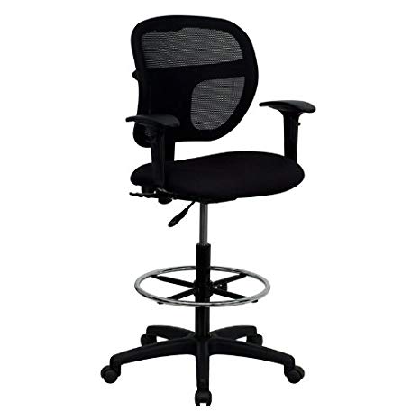 Mid-Back Mesh Drafting Stool with Black Fabric Seat and Arms [WL-A7671SYG-BK-AD-GG]