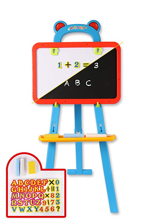 ToyThrill Kids Chalkboard Whiteboard Easel - 3 in 1 Reversible Chalk, Magnetic Dry Erase and Paint Board with Chalk, Eraser, and 84 Magnet Numbers, Letters, and Math Symbols