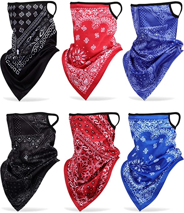 6 Pieces Bandana Ear Loops Triangle Face Cover Scarf UV Protection Neck Gaiter Bandana Headwear