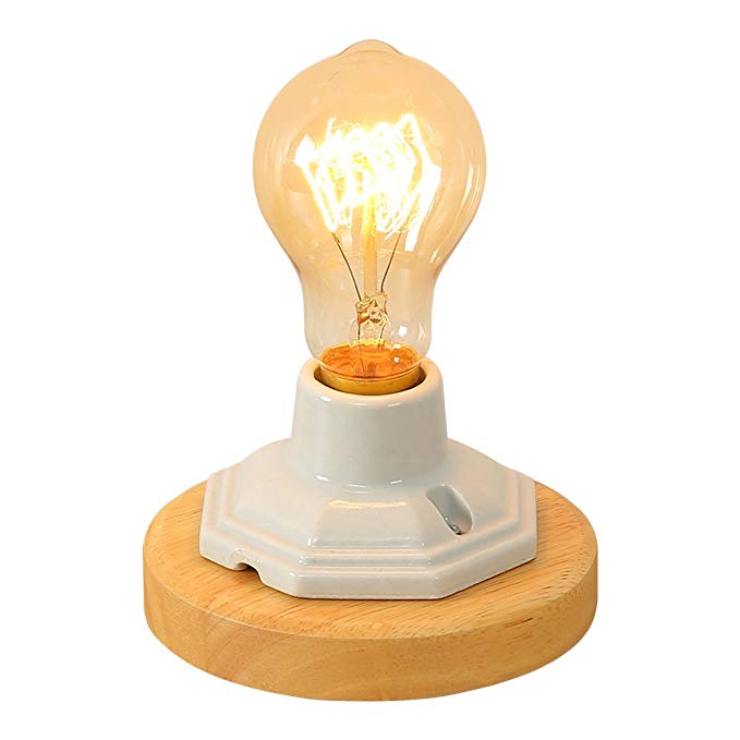 IJ INJUICY Vintage Industrial Table Lamp with Wooden Ceramics Base for Antique Desk Lamp