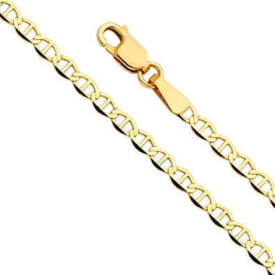 14k Yellow Gold Solid 3mm Flat Mariner Chain Necklace with Lobster Claw Clasp