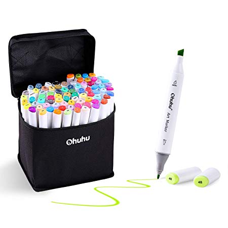 Ohuhu 60 Colors Dual Tips Permanent Marker Pens Art Markers Highlighters with Carrying Case for Drawing Sketching Adult Coloring Books Manga, Back to School Art Supplies