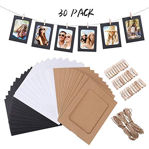VEESUN 30PACK Paper Photo Frame 6x4, Photo Frame Set Multiple Photos, Picture Mats with Mini Wooden Clips and String Hanging Cardboard Picture Frame Set for Home Room Wall Decor DIY