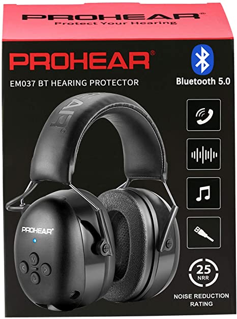 PROHEAR 037 Bluetooth 5.0 Hearing Protection Headphones with Rechargeable 1500mAh Battery, 25dB NRR Safety Noise Reduction Ear Muffs with 40H Playtime for Mowing, Workshops, Snowblowing - Black