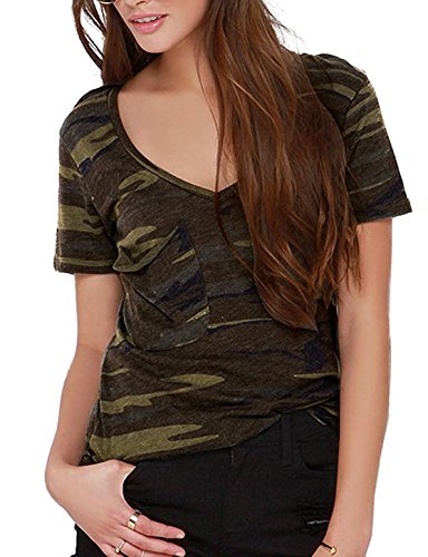 IRISIE Women Camouflage Print Summer V Neck Short Sleeve T Shirt