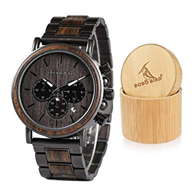 BOBO BIRD Mens Wooden Watches Business Casual Wristwatches Stylish Ebony Wood & Stainless Steel Combined Chronograph with Gift Box (Grey)