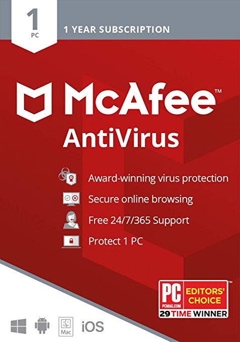 McAfee AntiVirus Protection, 1PC, Internet Security Software, 1 Year Subscription- [Key card ]- 2020 Ready