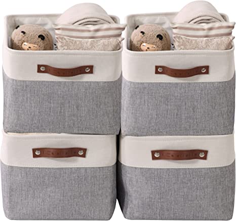 DECOMOMO Storage Bins | Fabric Storage Basket for Shelves for Organizing Closet Shelf Nursery Toy | Decorative Large Linen Closet Organizers with Handles Cubes (Grey and White, Extra Large - 4 Pack)