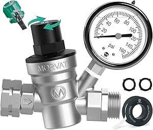 Morvat Premium Lead-Free Nickel Plated Brass RV Water Pressure Regulator Adjustable Valve with Oil Filled Gauge for Camper, Includes Screwdriver, Roll Of Teflon Tape & 2 Extra Rubber Washers