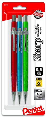 Pentel Sharp Mechanical Pencil, (0.5mm), Metallic Barrels, Assorted Colors, 3-Pk (P205MBP3M1)