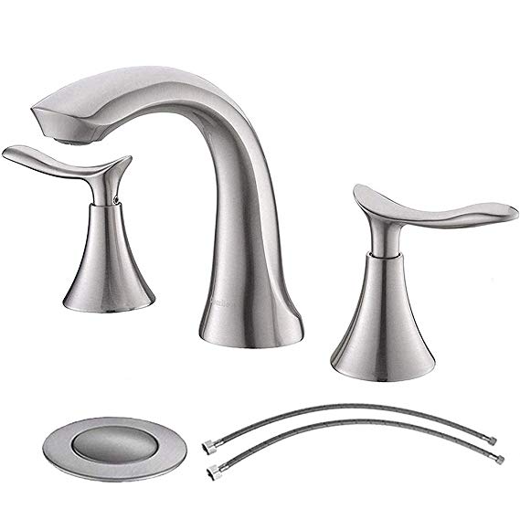 Comllen 2 Handle 3 Hole Brushed Nickel 8 Inch Lavatory Widespread Bathroom Faucet, Best Commercial Bathroom Sink Faucet With Pop Up Drain
