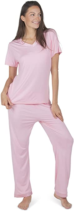 Totally Pink Two Piece Warm Womens Super-Soft Pajama Set V-Neck Sleepwear Short Sleeves Top with Pants/Shorts for Winter