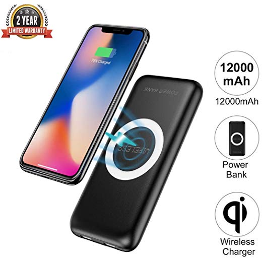 Wireless Power Bank Charger 12000mAh QI Wireless Portable Charger 2 in 1 External Battery Pack Compatible iPhone X iPhone 8/8 Plus Samsung Galaxy S8/S8  Samsung Note 8/S7/S6/Note 5,etc. (Black)